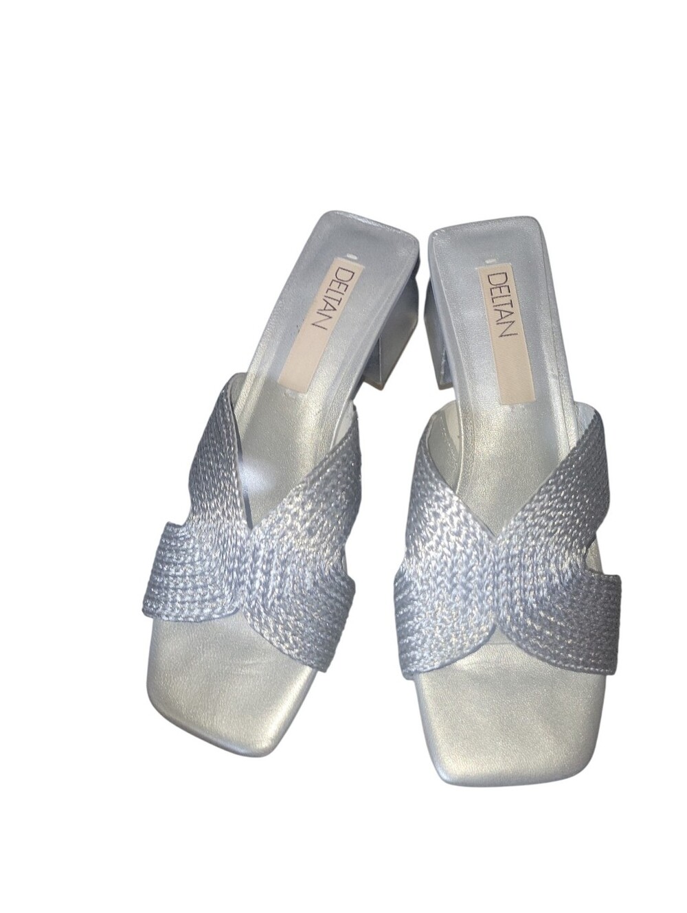 Deltan Silver Braided Crisscross Woven Strap Chucky Mettalic Block Heel Slides